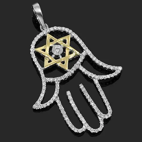 14K White Solid Gold Womens Diamond Hamsa Pendant 0.55 Ctw