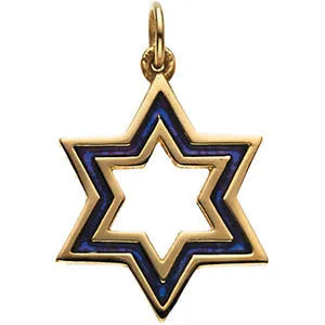 14k Yellow Gold 20.25x18mm Blue Enameled Star of David Pendant