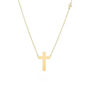 14k Yellow Gold Cross with Single Bezel Diamond Necklace
