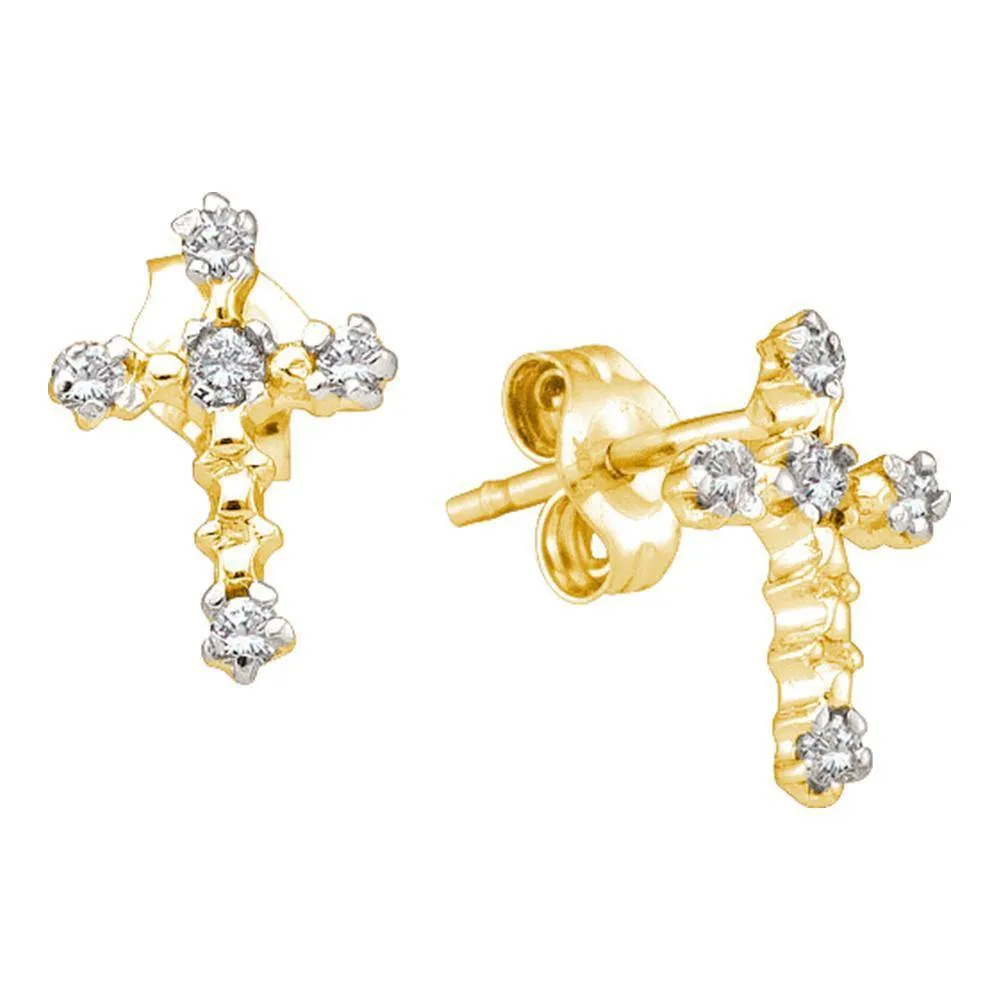 14K Yellow Gold Round Diamond Cross Religious Earrings 1/20 Cttw