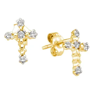 14K Yellow Gold Round Diamond Cross Religious Earrings 1/20 Cttw