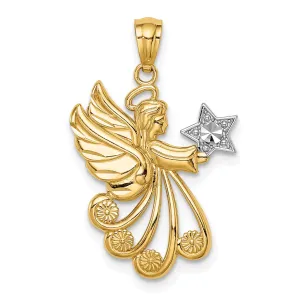 14K Yellow Gold White Rhodium Solid Textured Diamond Cut Polished Finish Angel Holding Star Charm Pendant