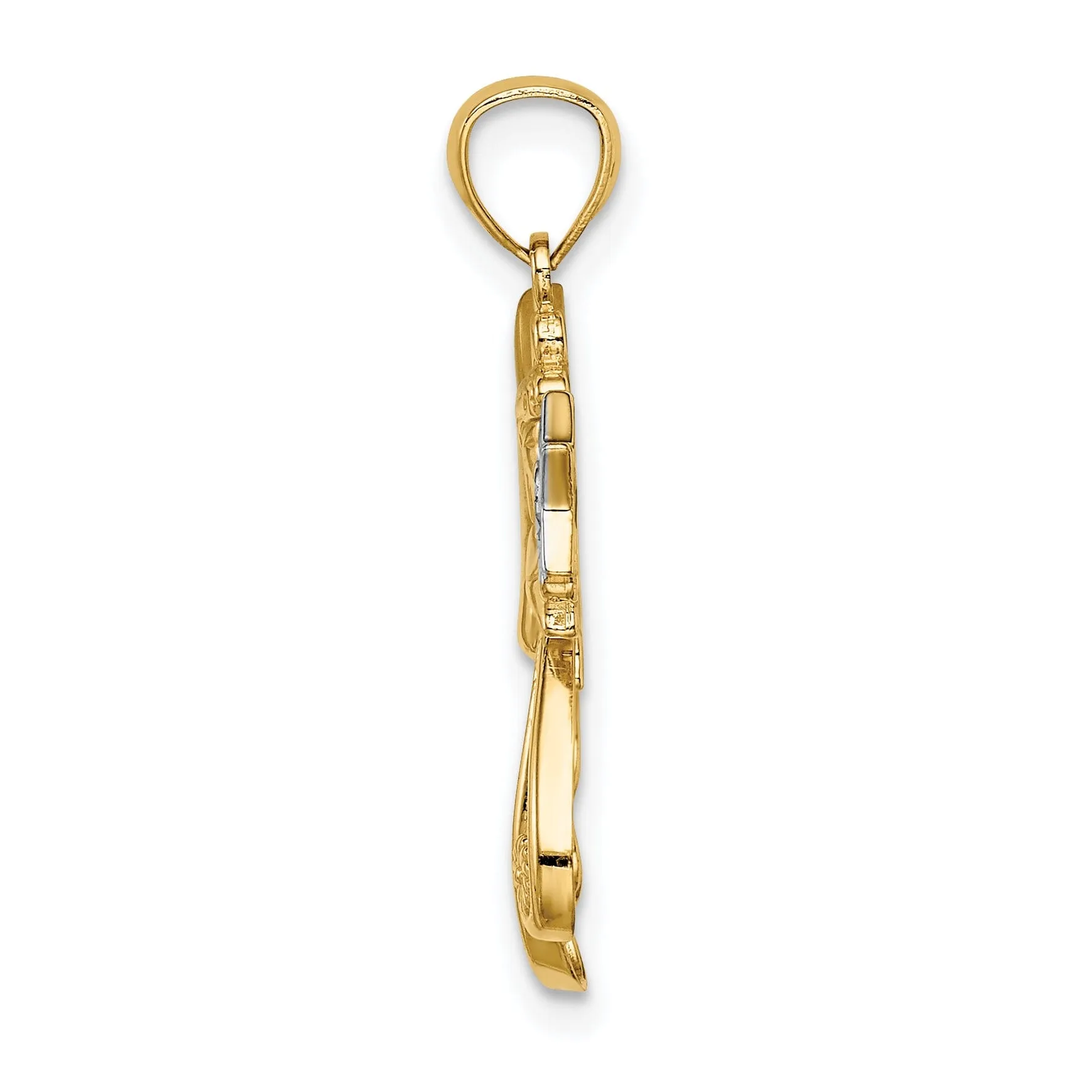 14K Yellow Gold White Rhodium Solid Textured Diamond Cut Polished Finish Angel Holding Star Charm Pendant