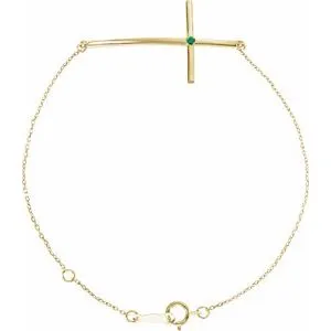 14K Yellow Natural Emerald Sideways Cross 8" Bracelet