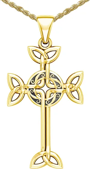 14k Yellow or White Gold Irish Celtic Cross Pendant Necklace