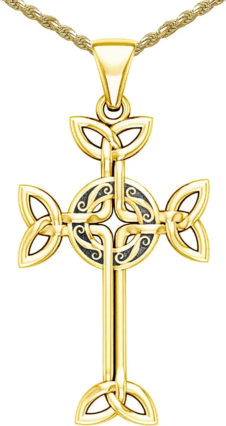 14k Yellow or White Gold Irish Celtic Cross Pendant Necklace