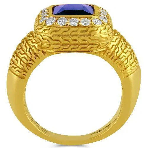 14K Yellow Solid Gold Diamond Mens Blue Sapphire Ring 0.50 Ctw