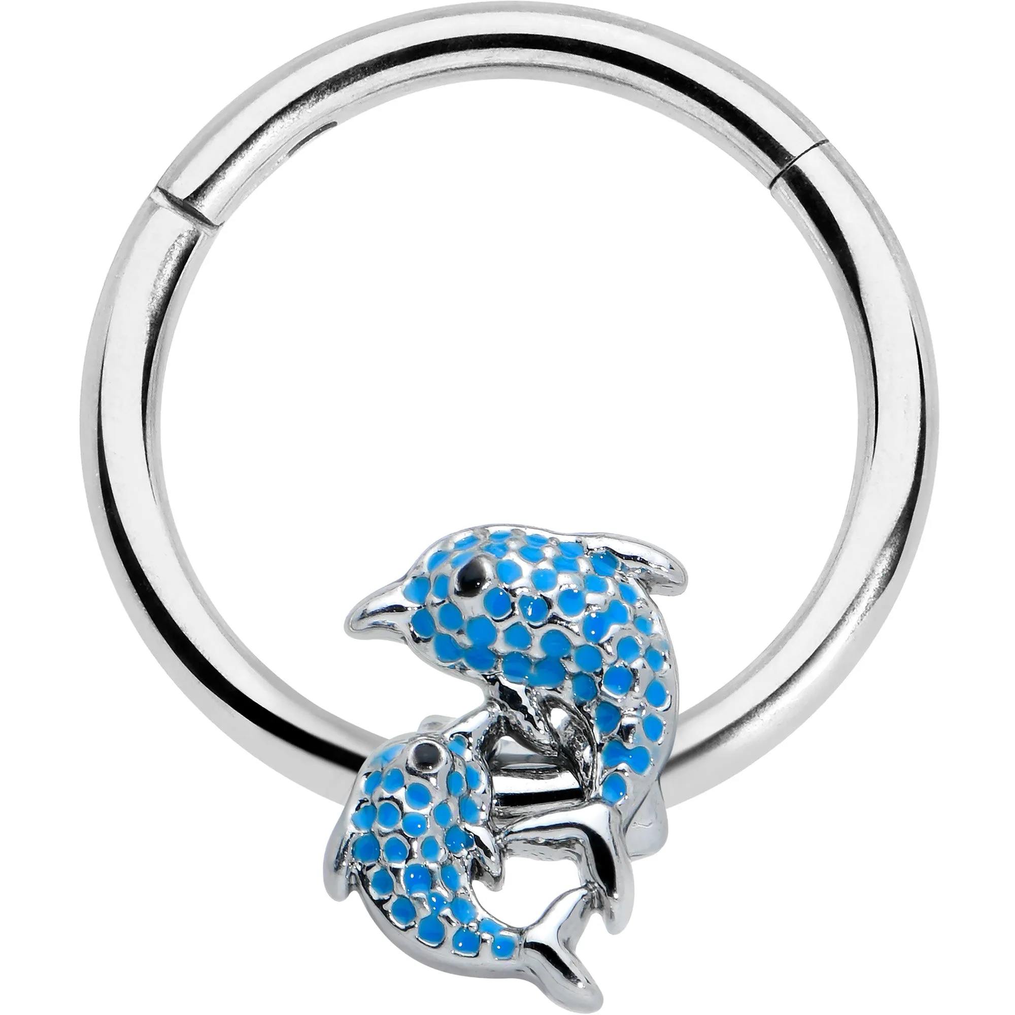 16 Gauge 3/8 Black Gem Blue Leaping Dolphins Hinged Segment Ring