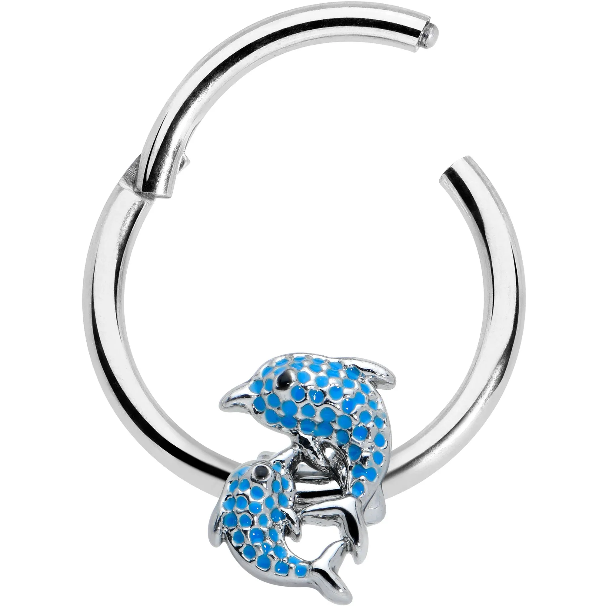16 Gauge 3/8 Black Gem Blue Leaping Dolphins Hinged Segment Ring
