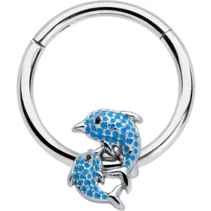 16 Gauge 3/8 Black Gem Blue Leaping Dolphins Hinged Segment Ring