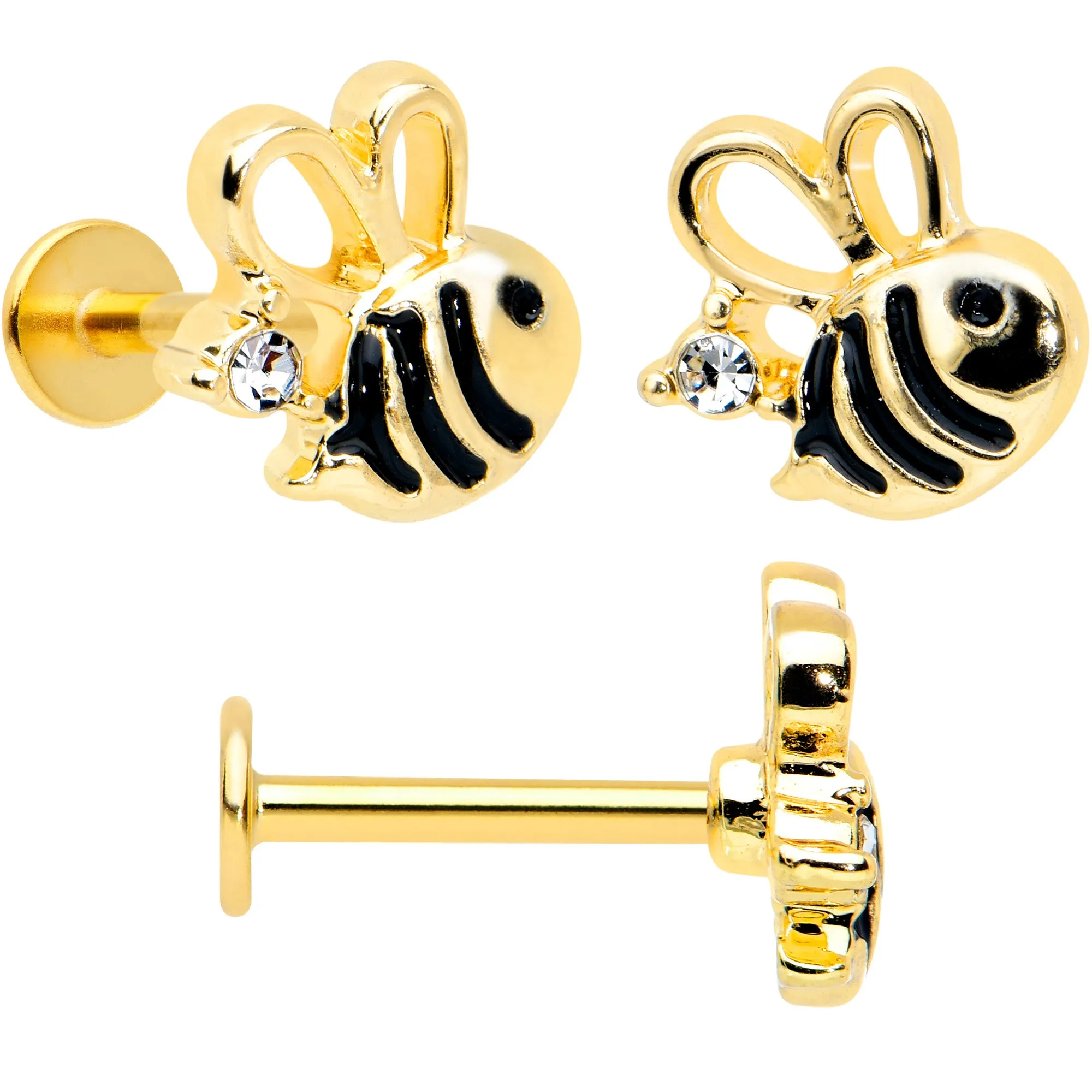 16 Gauge 5/16 Black Gem Gold Tone Bee Hive Labret Tragus Curation Set of 3