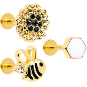 16 Gauge 5/16 Black Gem Gold Tone Bee Hive Labret Tragus Curation Set of 3