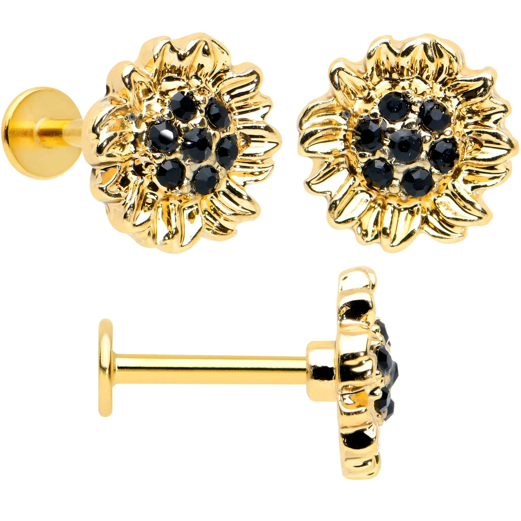 16 Gauge 5/16 Black Gem Gold Tone Bee Hive Labret Tragus Curation Set of 3