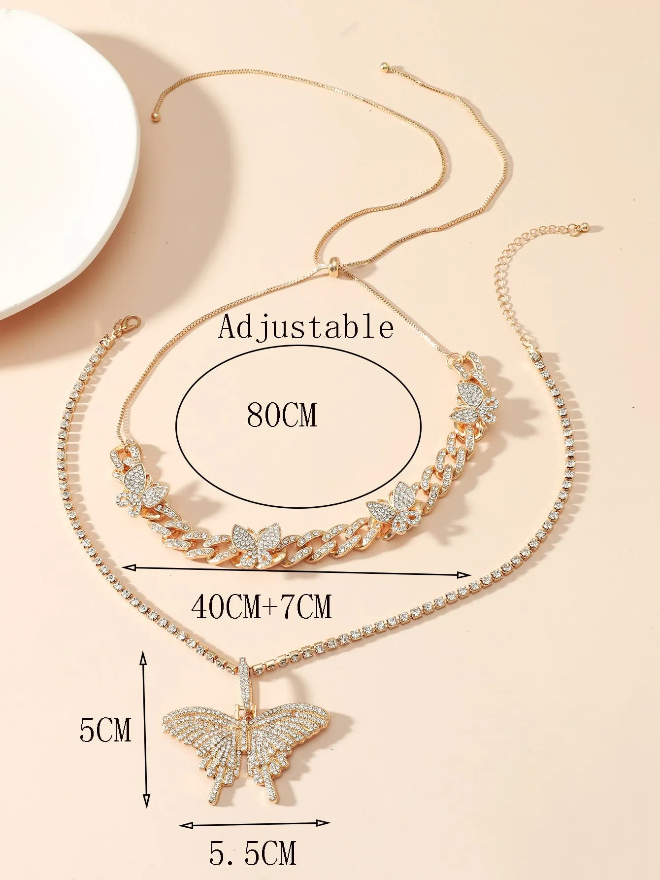2pcs Rhinestone Butterfly Charm Necklace - Gold