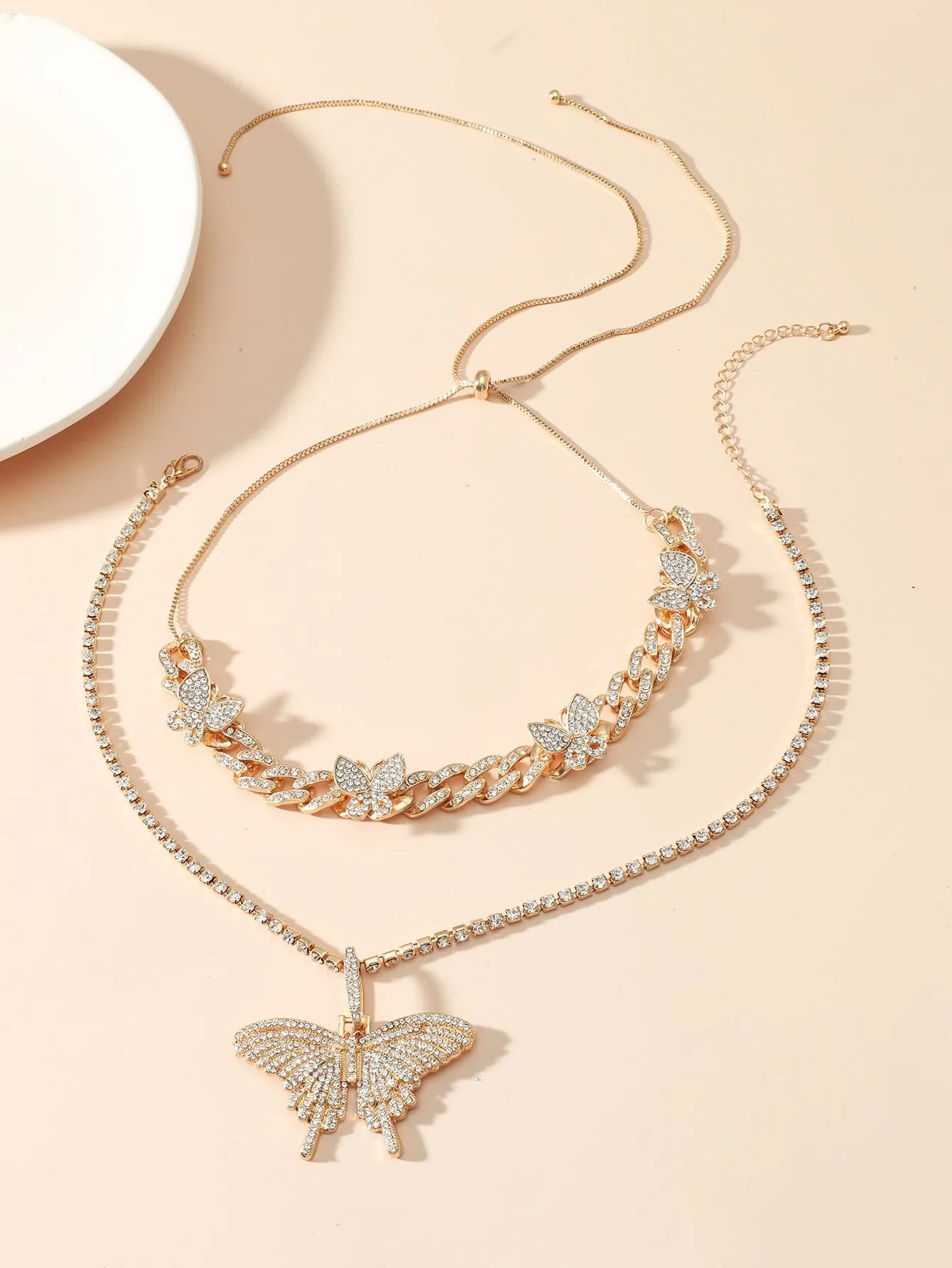 2pcs Rhinestone Butterfly Charm Necklace - Gold
