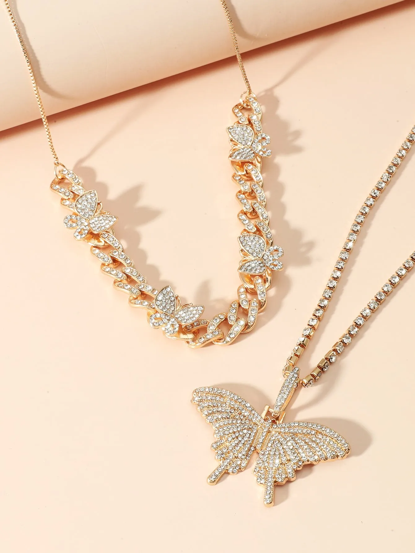 2pcs Rhinestone Butterfly Charm Necklace - Gold