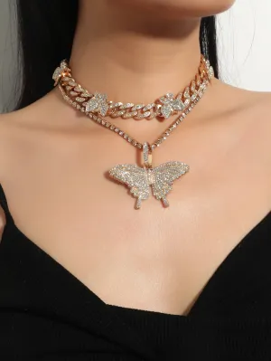 2pcs Rhinestone Butterfly Charm Necklace - Gold