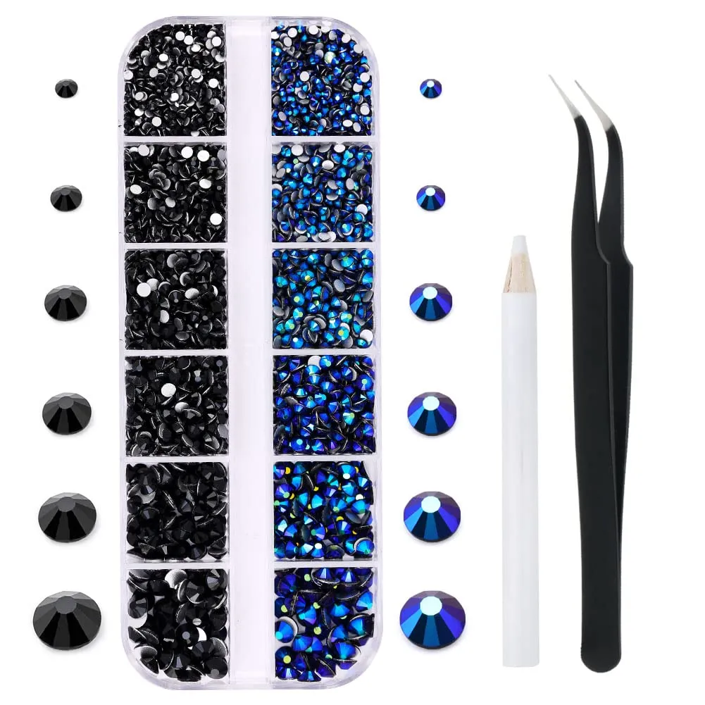 3792 Pcs Glass Crystals Rhinestone for Nail Art Crafts,6 Size(2mm-4.6mm) Nail Gems Flatback Rhinestone,Jewels Diamonds Stone Kit with Picking Pen and Tweezers(White White AB)
