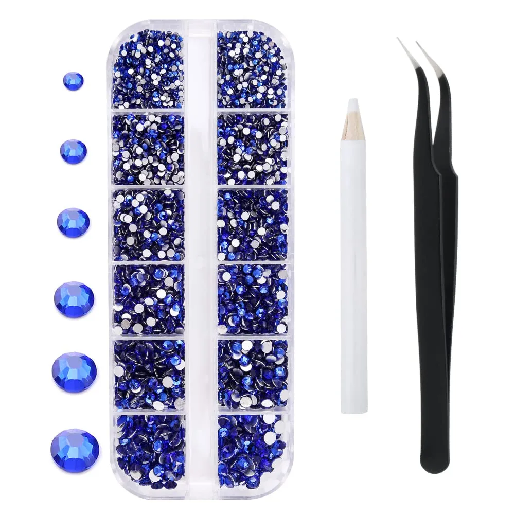 3792 Pcs Glass Crystals Rhinestone for Nail Art Crafts,6 Size(2mm-4.6mm) Nail Gems Flatback Rhinestone,Jewels Diamonds Stone Kit with Picking Pen and Tweezers(White White AB)