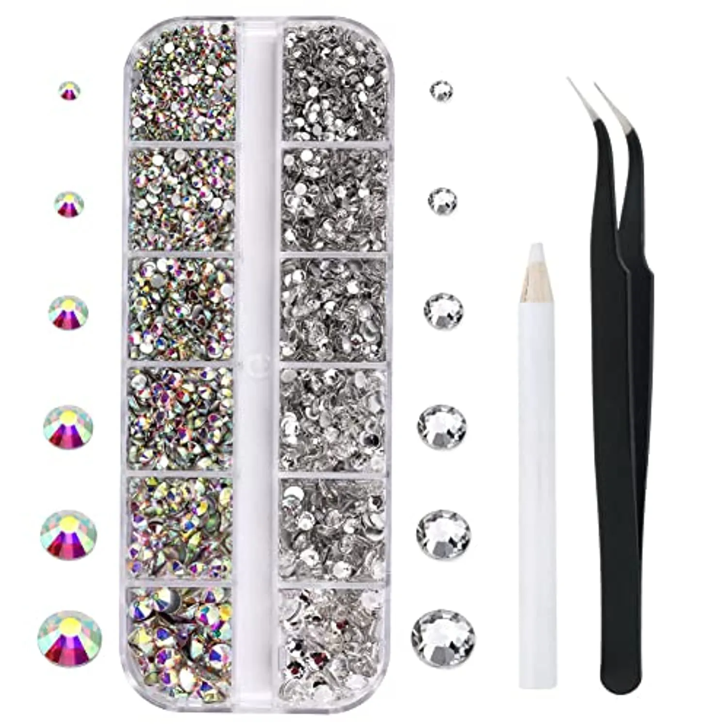 3792 Pcs Glass Crystals Rhinestone for Nail Art Crafts,6 Size(2mm-4.6mm) Nail Gems Flatback Rhinestone,Jewels Diamonds Stone Kit with Picking Pen and Tweezers(White White AB)