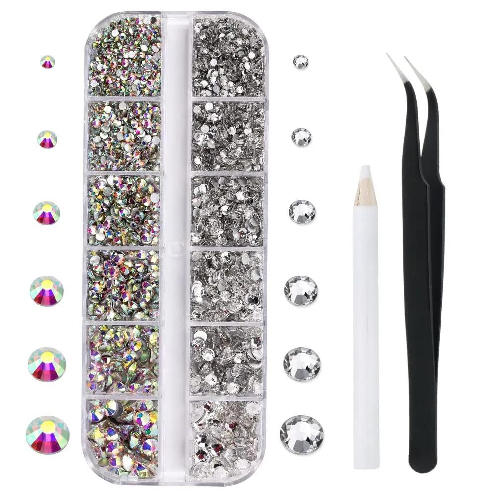 3792 Pcs Glass Crystals Rhinestone for Nail Art Crafts,6 Size(2mm-4.6mm) Nail Gems Flatback Rhinestone,Jewels Diamonds Stone Kit with Picking Pen and Tweezers(White White AB)