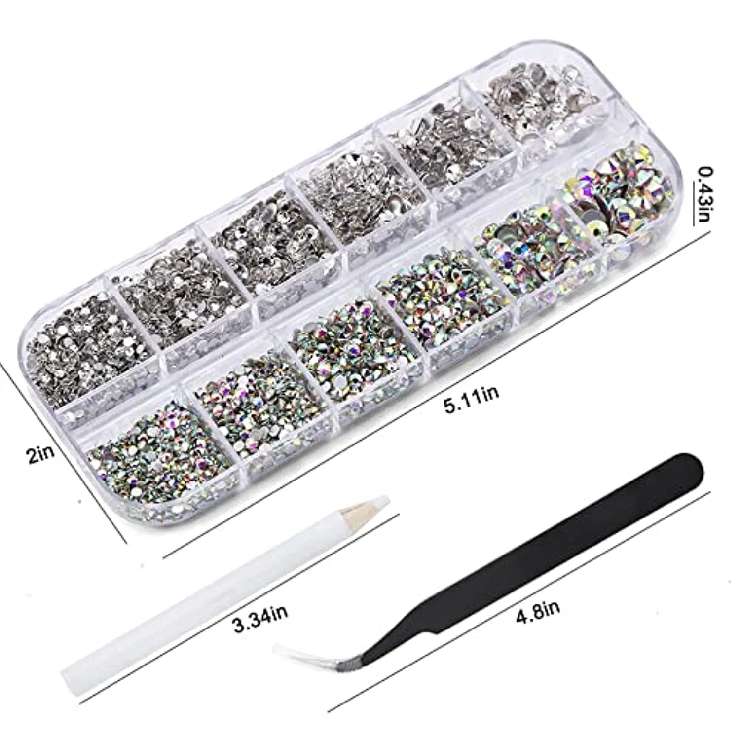 3792 Pcs Glass Crystals Rhinestone for Nail Art Crafts,6 Size(2mm-4.6mm) Nail Gems Flatback Rhinestone,Jewels Diamonds Stone Kit with Picking Pen and Tweezers(White White AB)