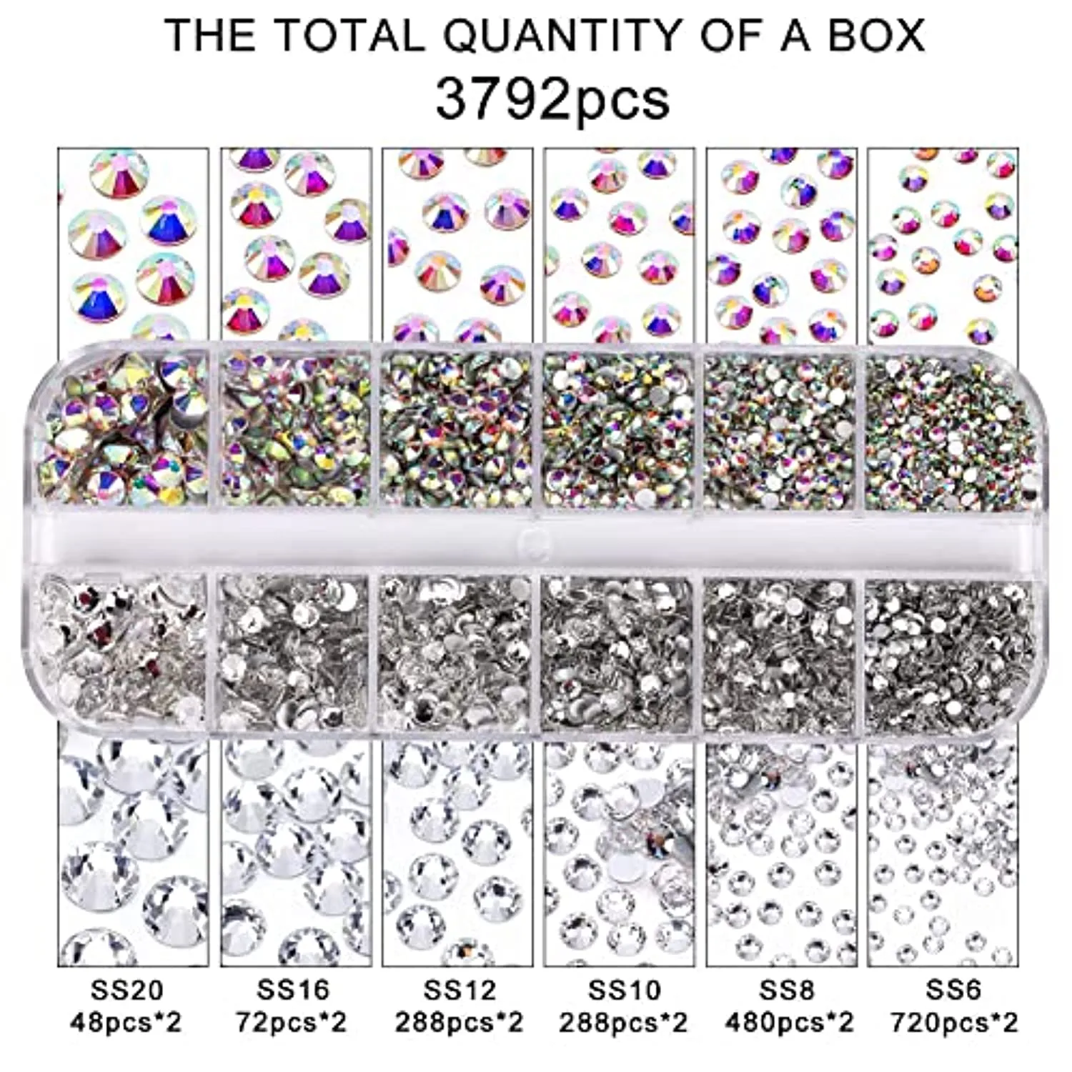3792 Pcs Glass Crystals Rhinestone for Nail Art Crafts,6 Size(2mm-4.6mm) Nail Gems Flatback Rhinestone,Jewels Diamonds Stone Kit with Picking Pen and Tweezers(White White AB)