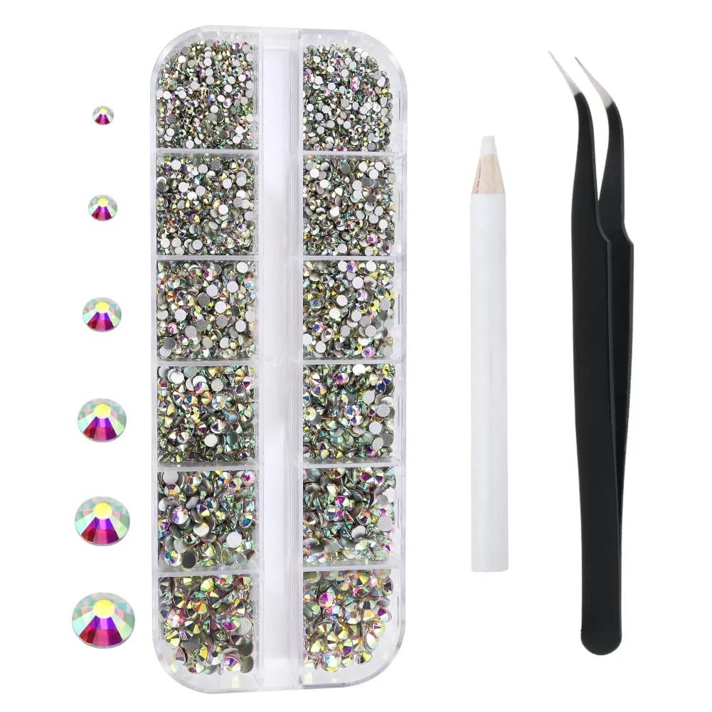 3792 Pcs Glass Crystals Rhinestone for Nail Art Crafts,6 Size(2mm-4.6mm) Nail Gems Flatback Rhinestone,Jewels Diamonds Stone Kit with Picking Pen and Tweezers(White White AB)