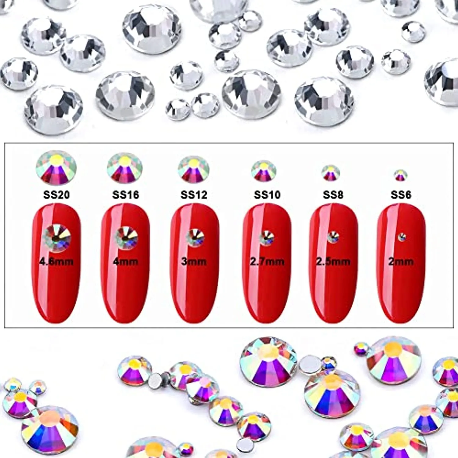 3792 Pcs Glass Crystals Rhinestone for Nail Art Crafts,6 Size(2mm-4.6mm) Nail Gems Flatback Rhinestone,Jewels Diamonds Stone Kit with Picking Pen and Tweezers(White White AB)