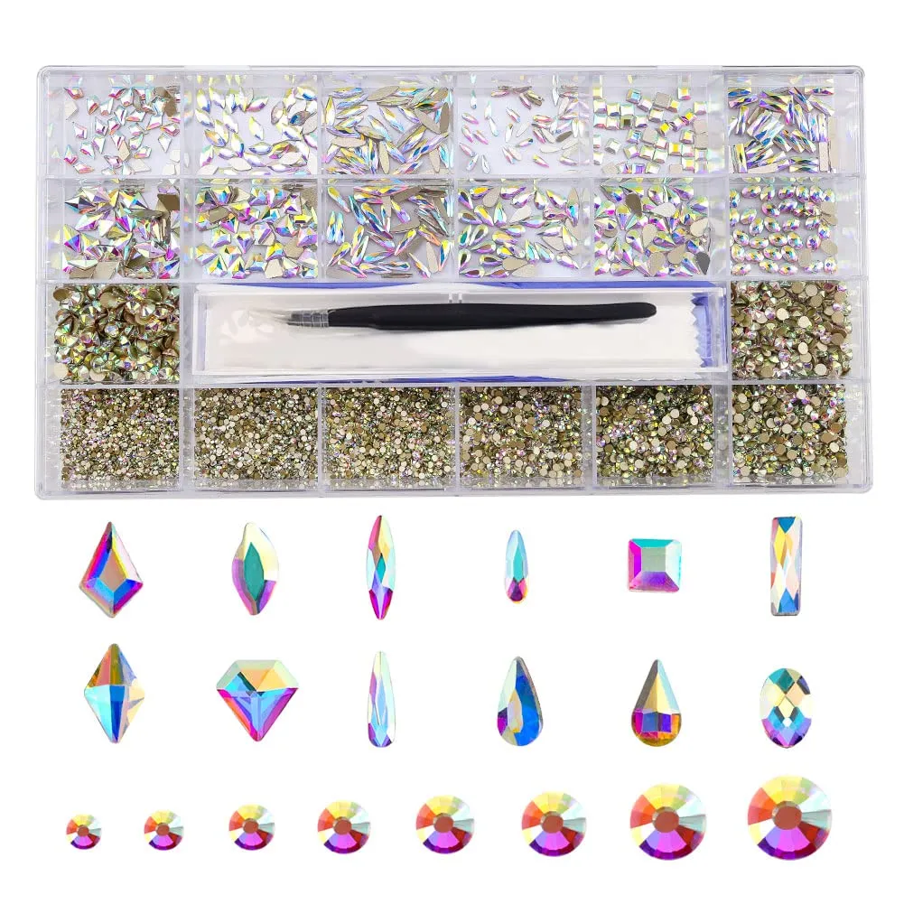 3792 Pcs Glass Crystals Rhinestone for Nail Art Crafts,6 Size(2mm-4.6mm) Nail Gems Flatback Rhinestone,Jewels Diamonds Stone Kit with Picking Pen and Tweezers(White White AB)