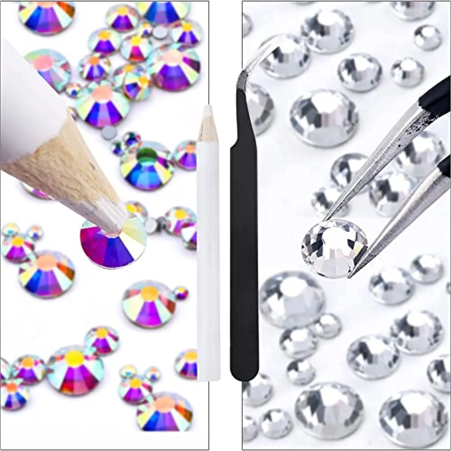 3792 Pcs Glass Crystals Rhinestone for Nail Art Crafts,6 Size(2mm-4.6mm) Nail Gems Flatback Rhinestone,Jewels Diamonds Stone Kit with Picking Pen and Tweezers(White White AB)