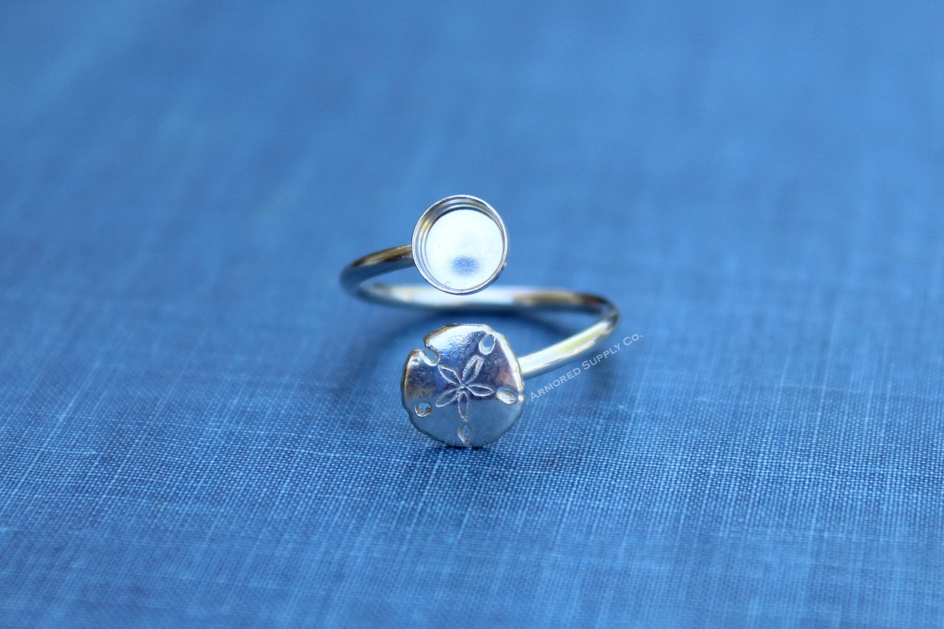 3mm Bezel Silver Sand Dollar Wrap Bypass Adjustable Ring blank