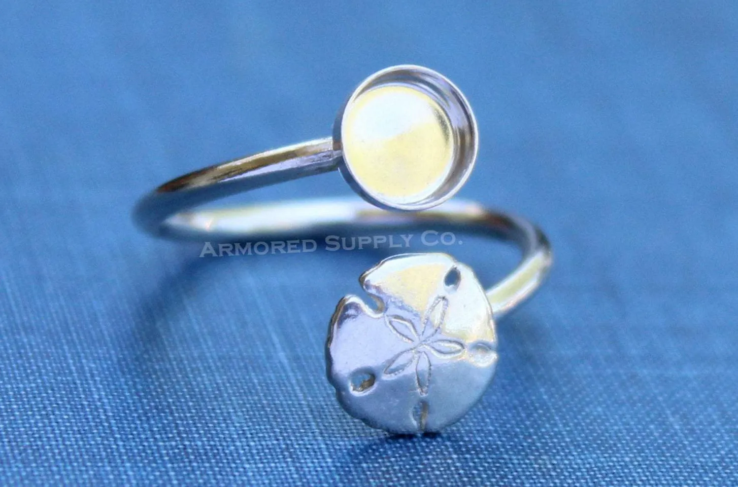 3mm Bezel Silver Sand Dollar Wrap Bypass Adjustable Ring blank