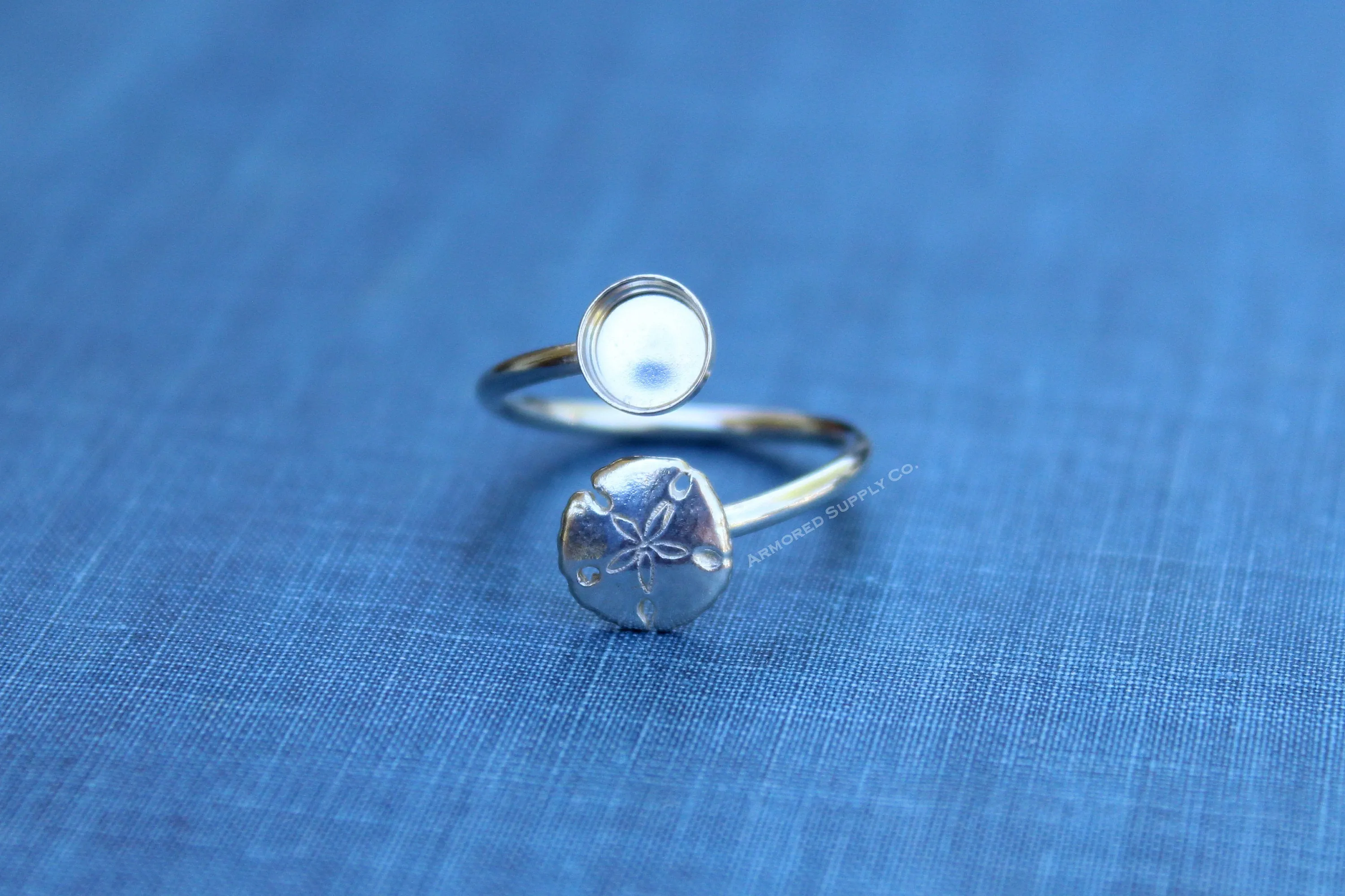 3mm Bezel Silver Sand Dollar Wrap Bypass Adjustable Ring blank