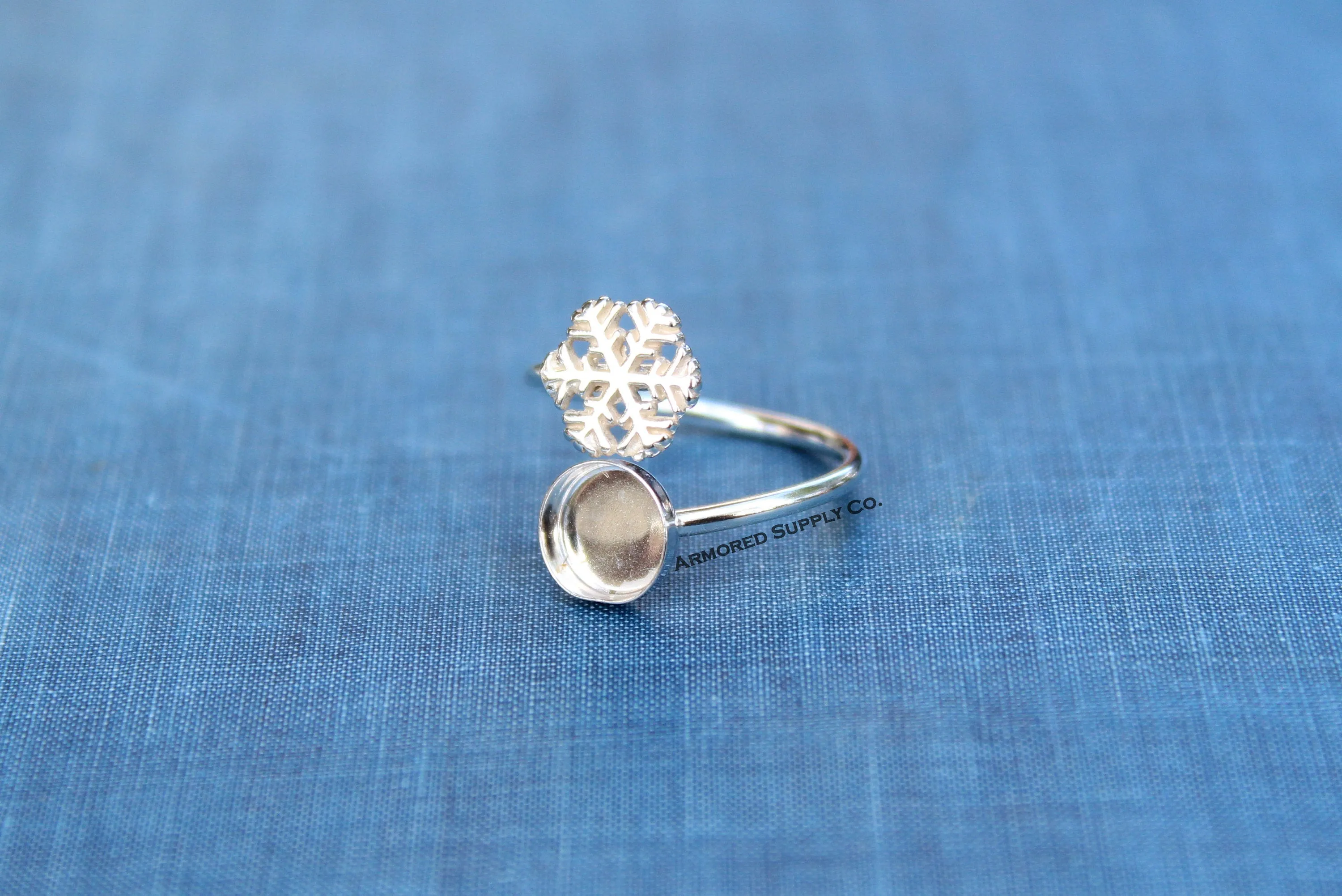 3mm Bezel Sterling Silver Snowflake Wrap Bypass Adjustable Ring blank