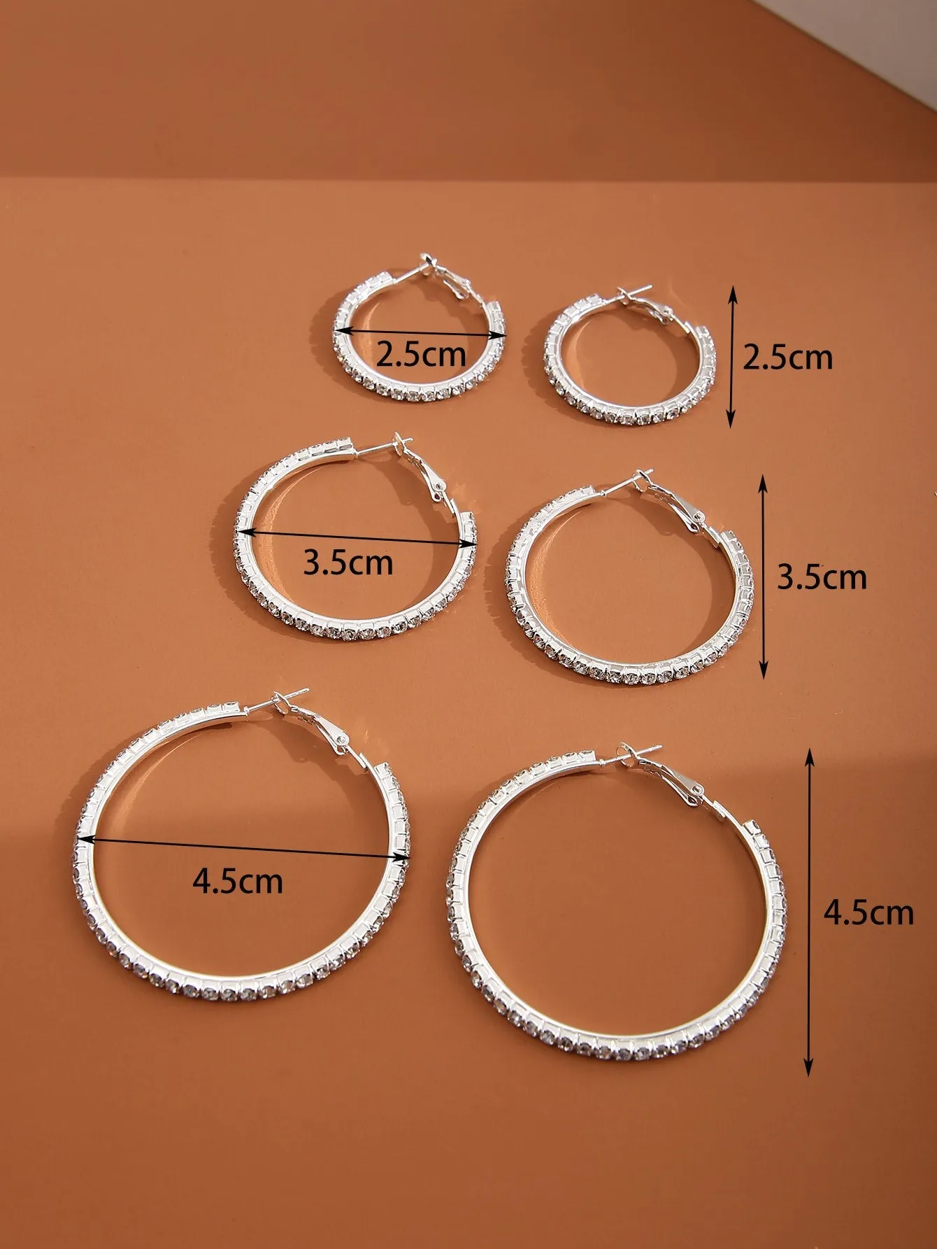 3pairs Rhinestone Decor Hoop Earrings - Silver
