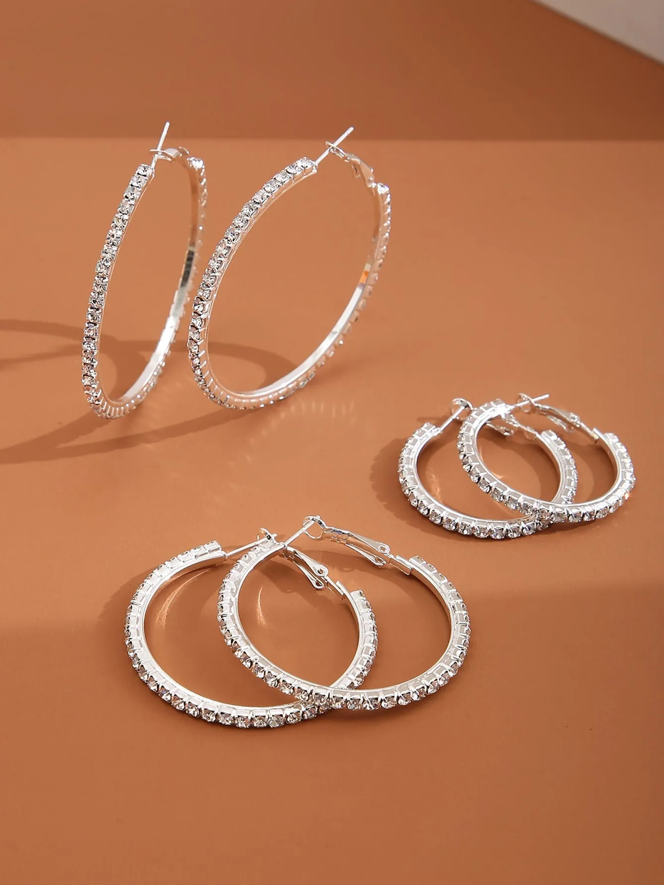3pairs Rhinestone Decor Hoop Earrings - Silver