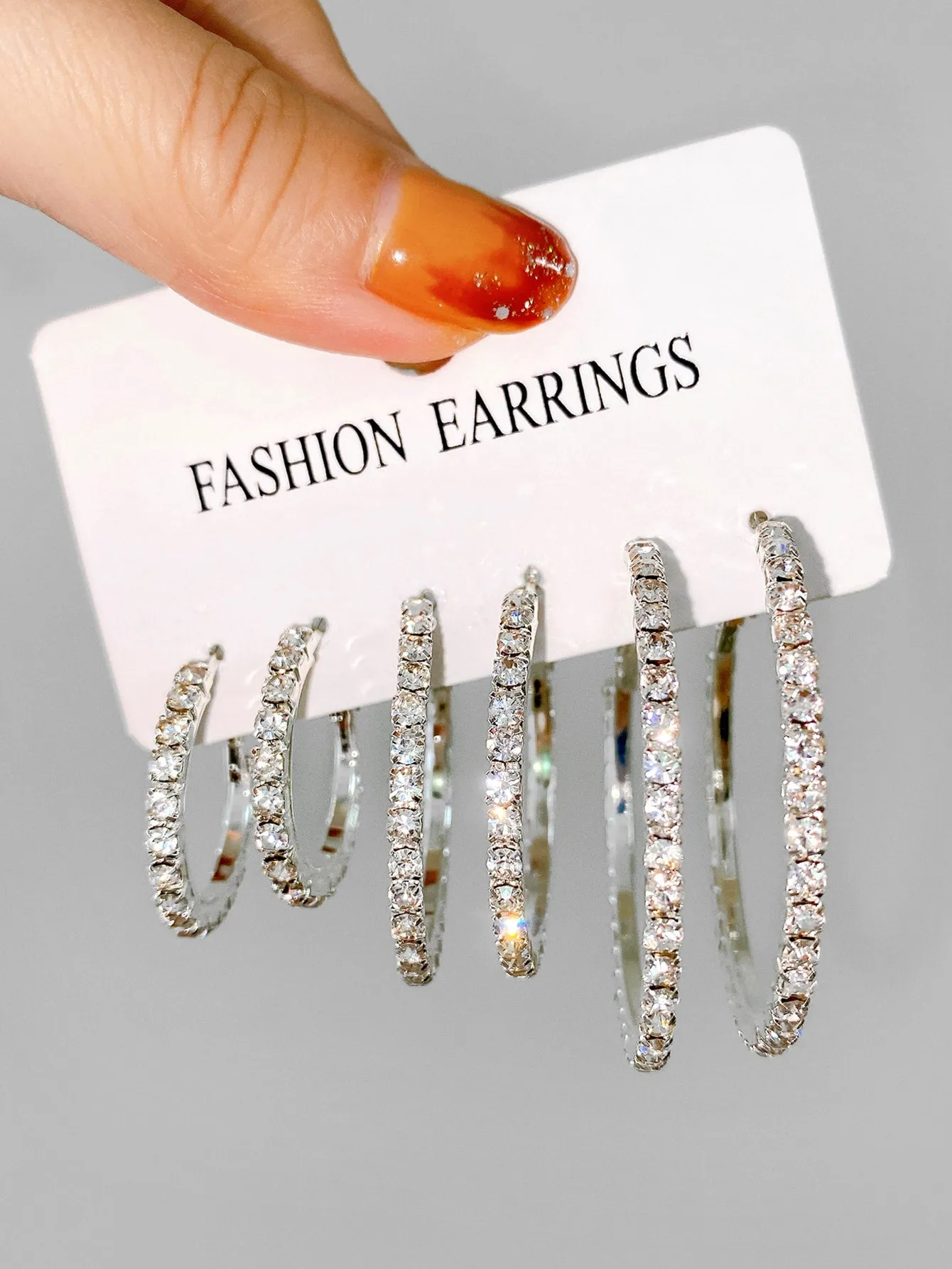 3pairs Rhinestone Decor Hoop Earrings - Silver