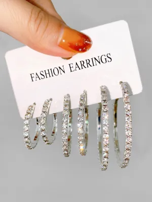 3pairs Rhinestone Decor Hoop Earrings - Silver