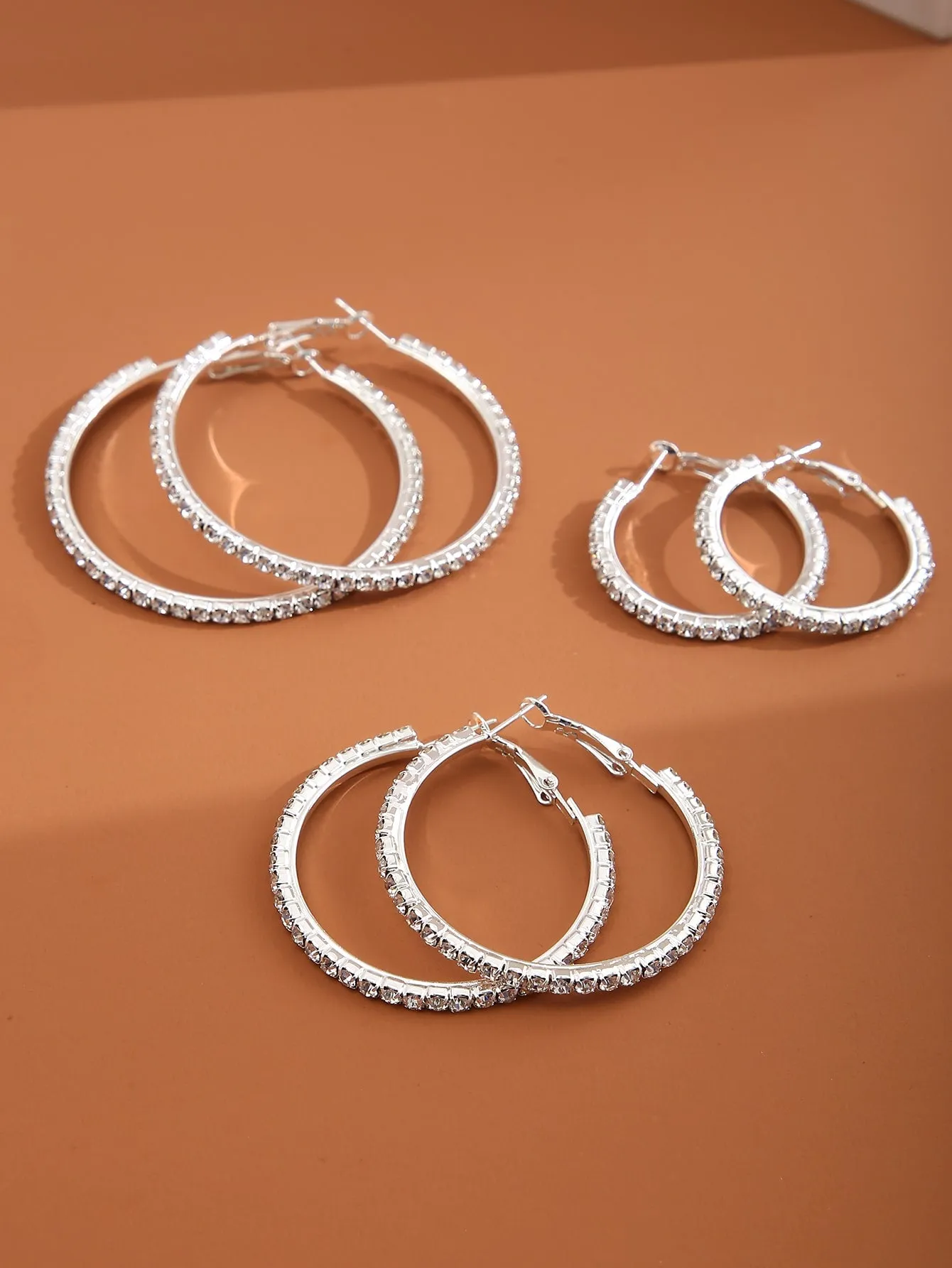 3pairs Rhinestone Decor Hoop Earrings - Silver