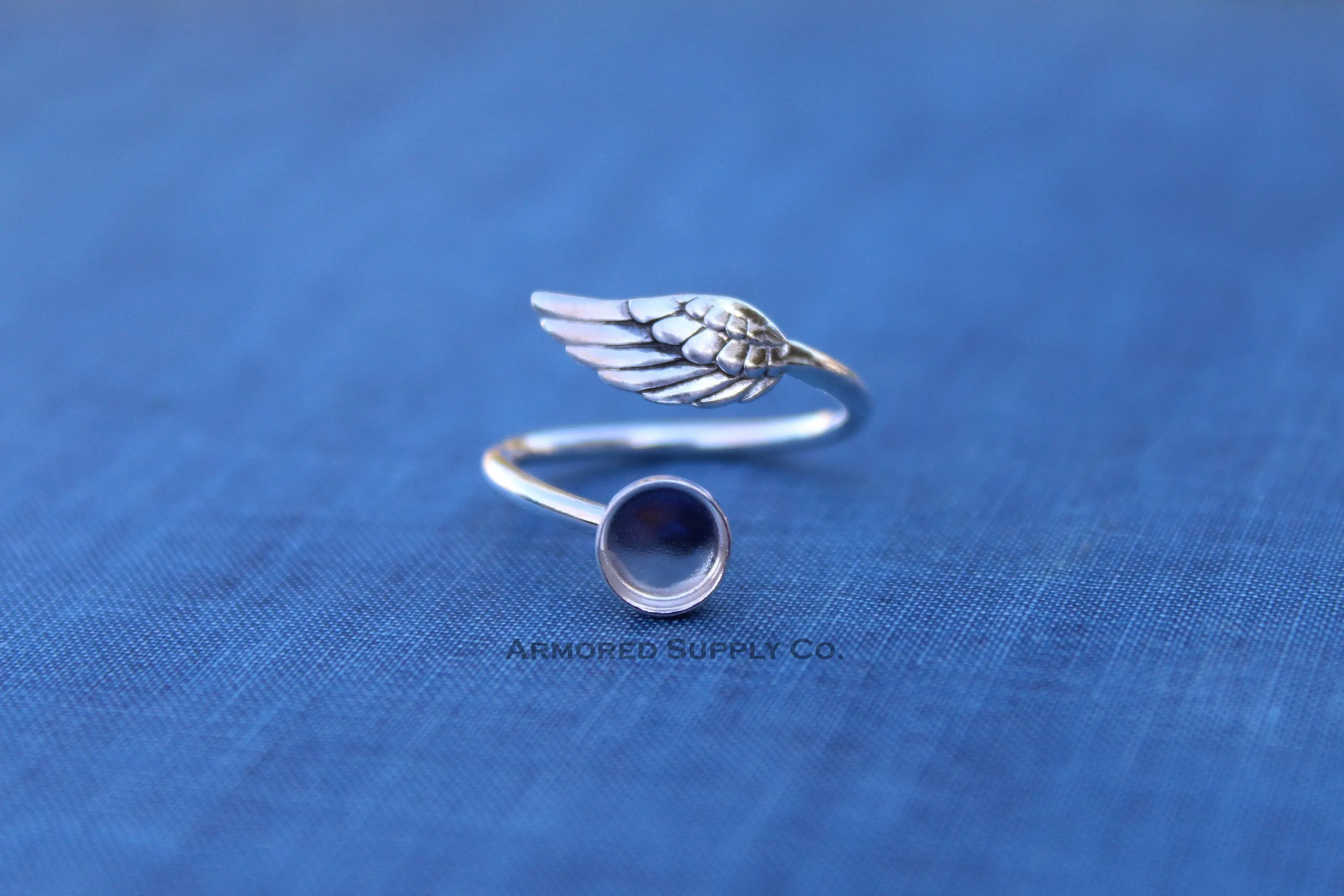 4mm Silver Angel Wing Bypass Wrap Adjustable Bezel Ring blank