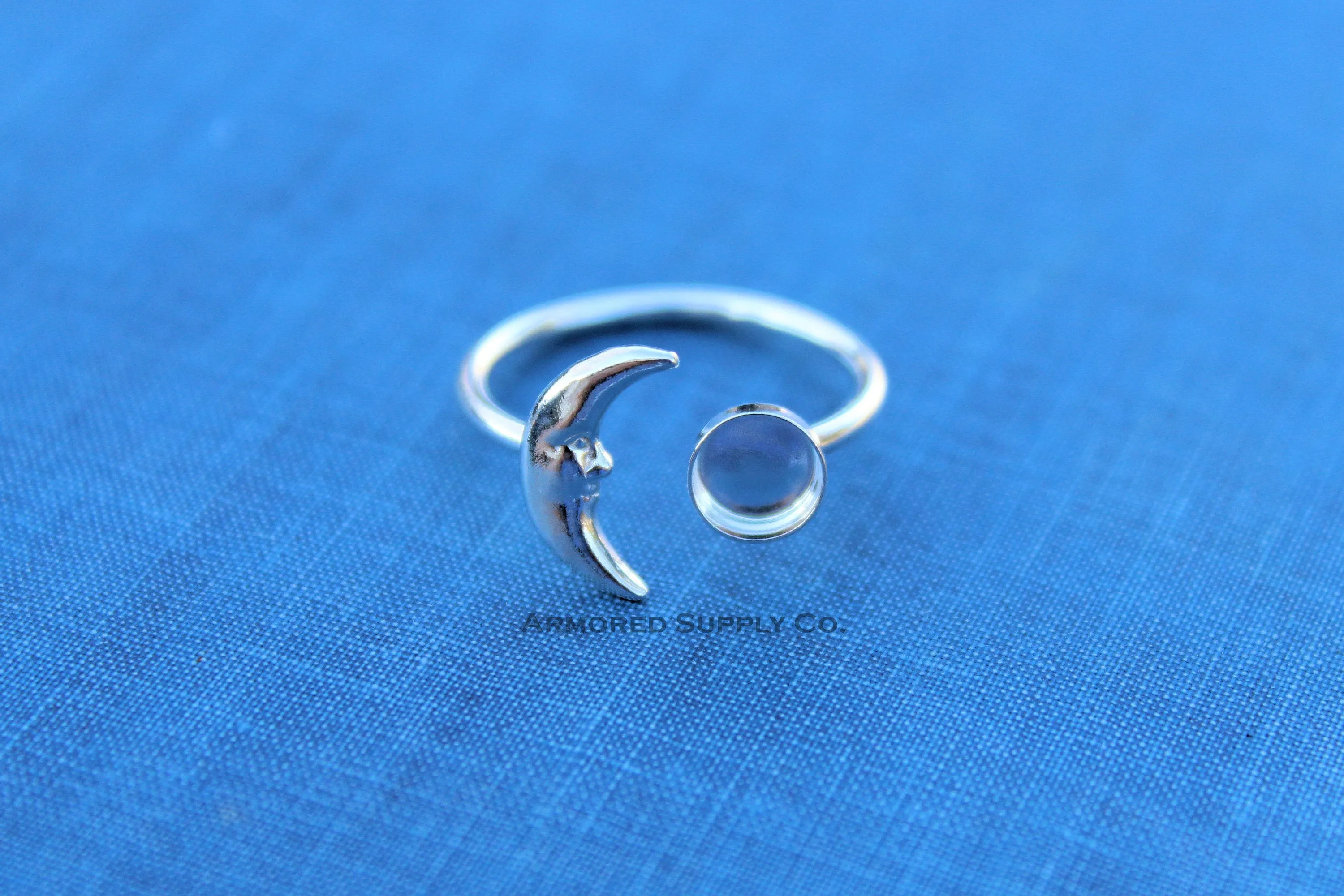4mm Silver Crescent Moon Open Adjustable Bezel Ring blank