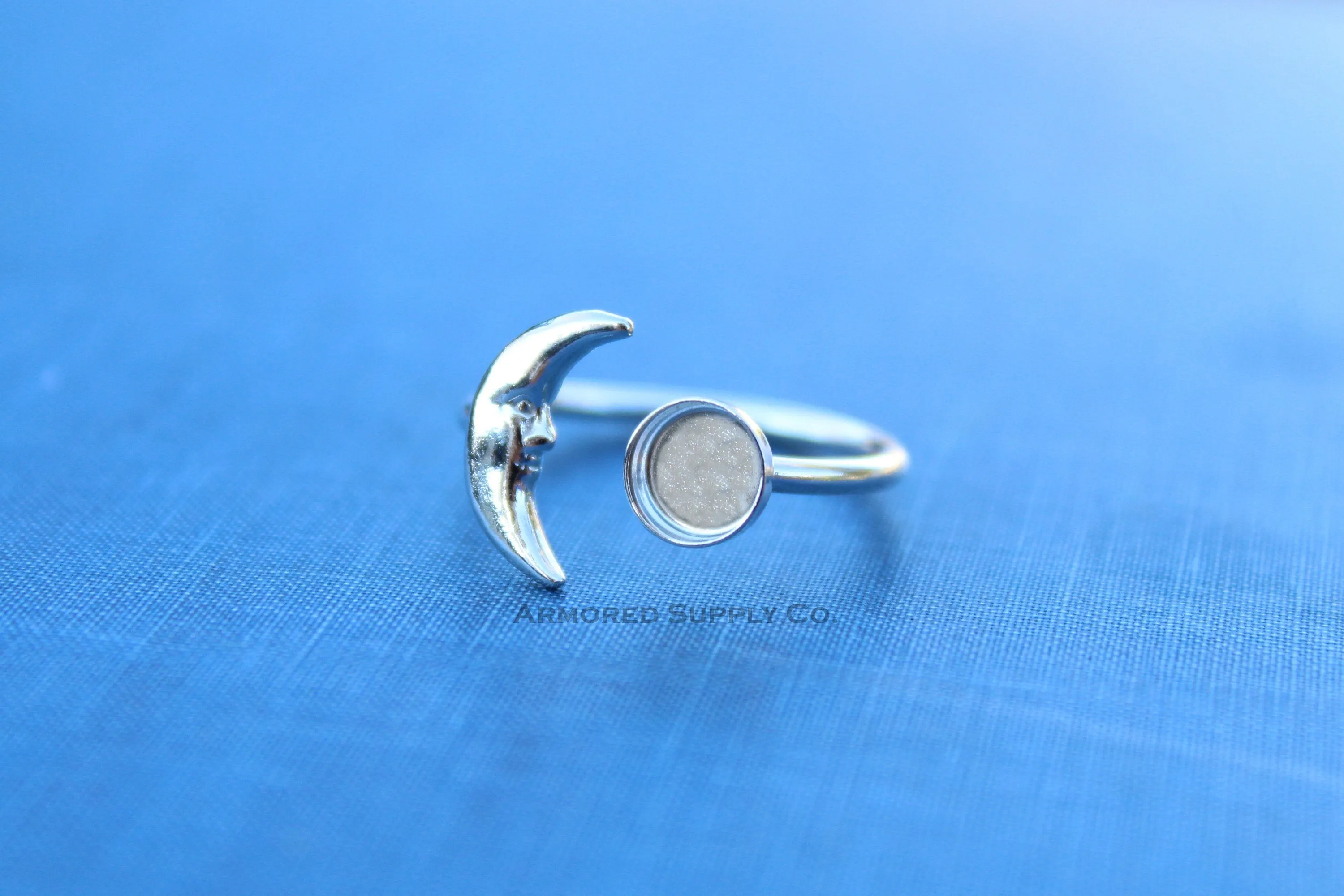 4mm Silver Crescent Moon Open Adjustable Bezel Ring blank