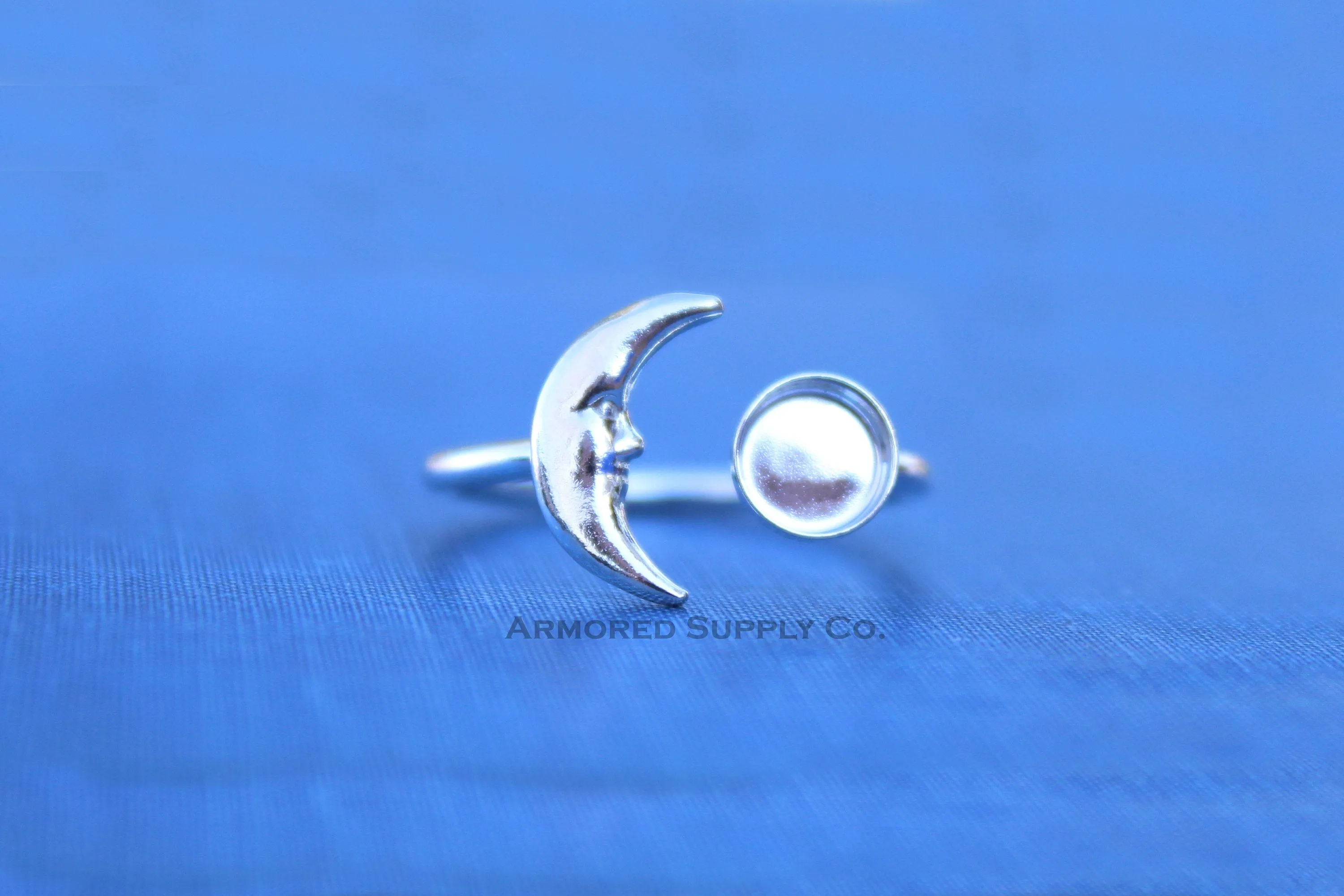 4mm Silver Crescent Moon Open Adjustable Bezel Ring blank