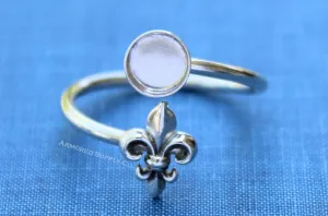 4mm Silver Fleur De Lis Wrap Bypass Adjustable Bezel Ring blank