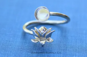 4mm Silver Lotus Flower Wrap Bypass Adjustable Bezel Ring blank