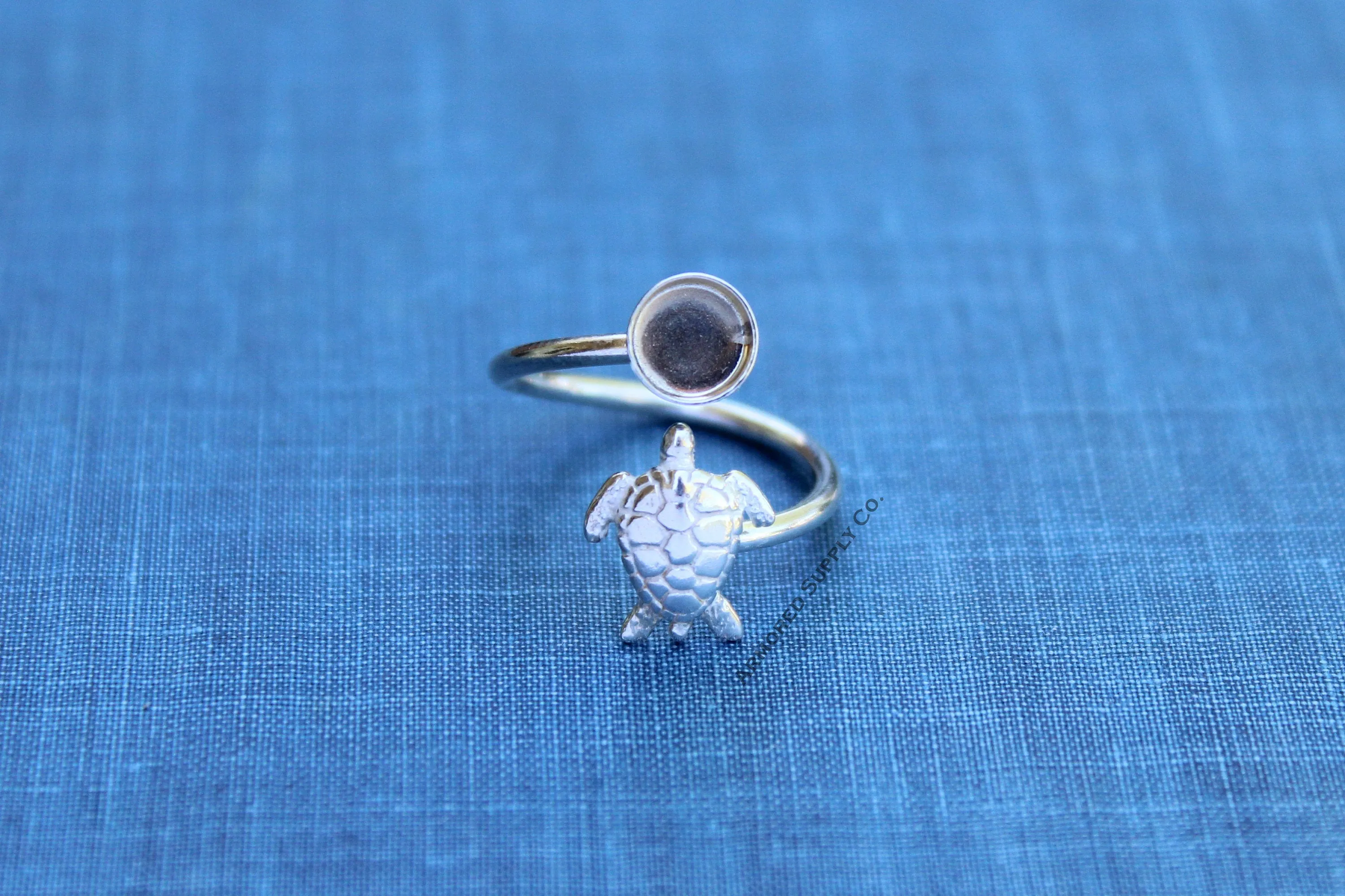 4mm Silver Sea Turtle Wrap Bypass Adjustable Bezel Ring blank