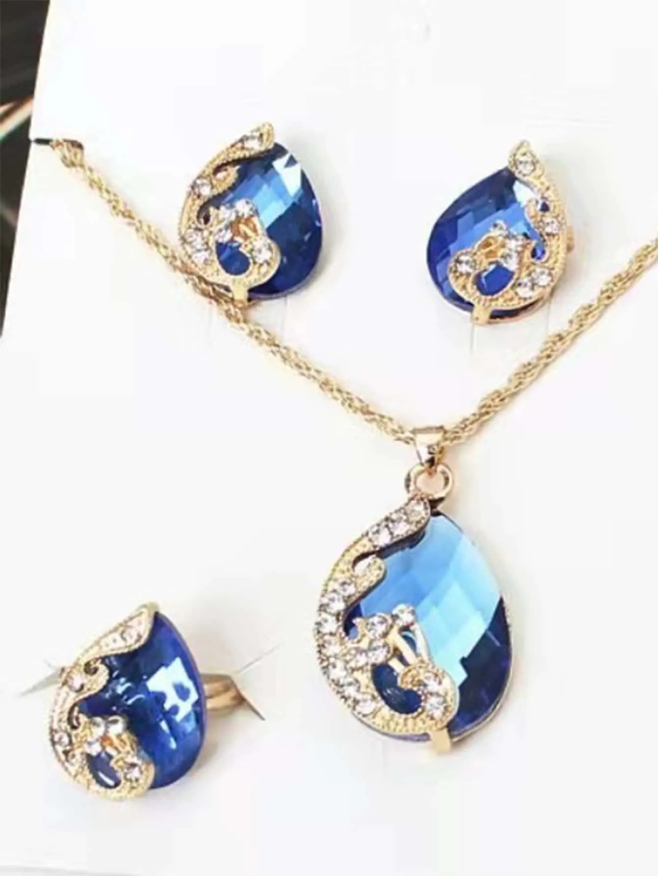 4pcs Rhinestone Water-drop Decor Jewelry Set - Blue