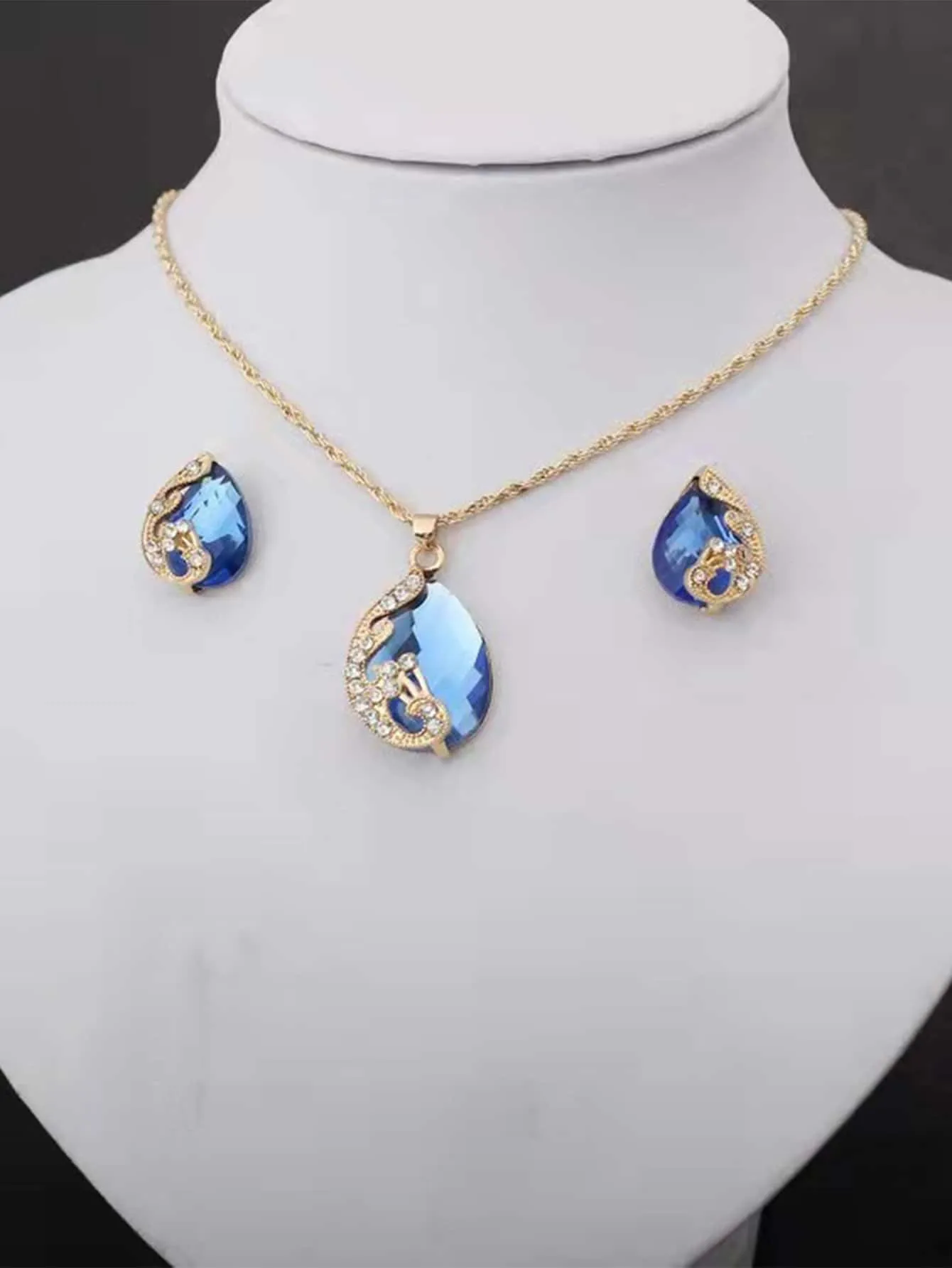 4pcs Rhinestone Water-drop Decor Jewelry Set - Blue