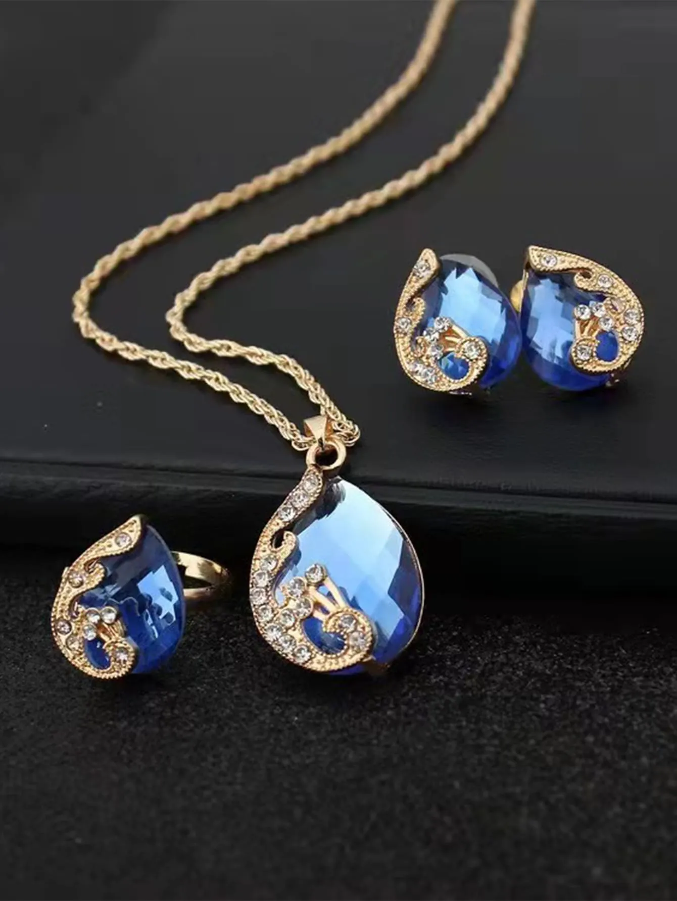 4pcs Rhinestone Water-drop Decor Jewelry Set - Blue